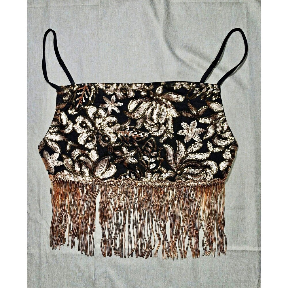 D&M Womens Large Gold Sequin Floral Fringe Crop Top Cami Flapper Festival Tank L